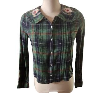 Zara Trafaluc Collection Plaid Embroidered Collar Button Up Shirt old money S